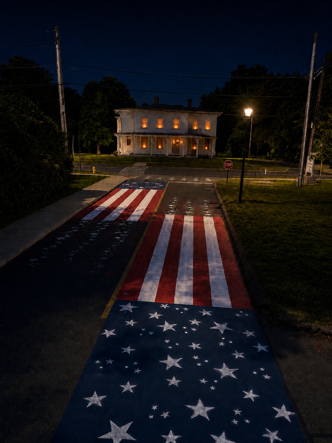 American flag painted across a Cheshire crosswalk at dusk