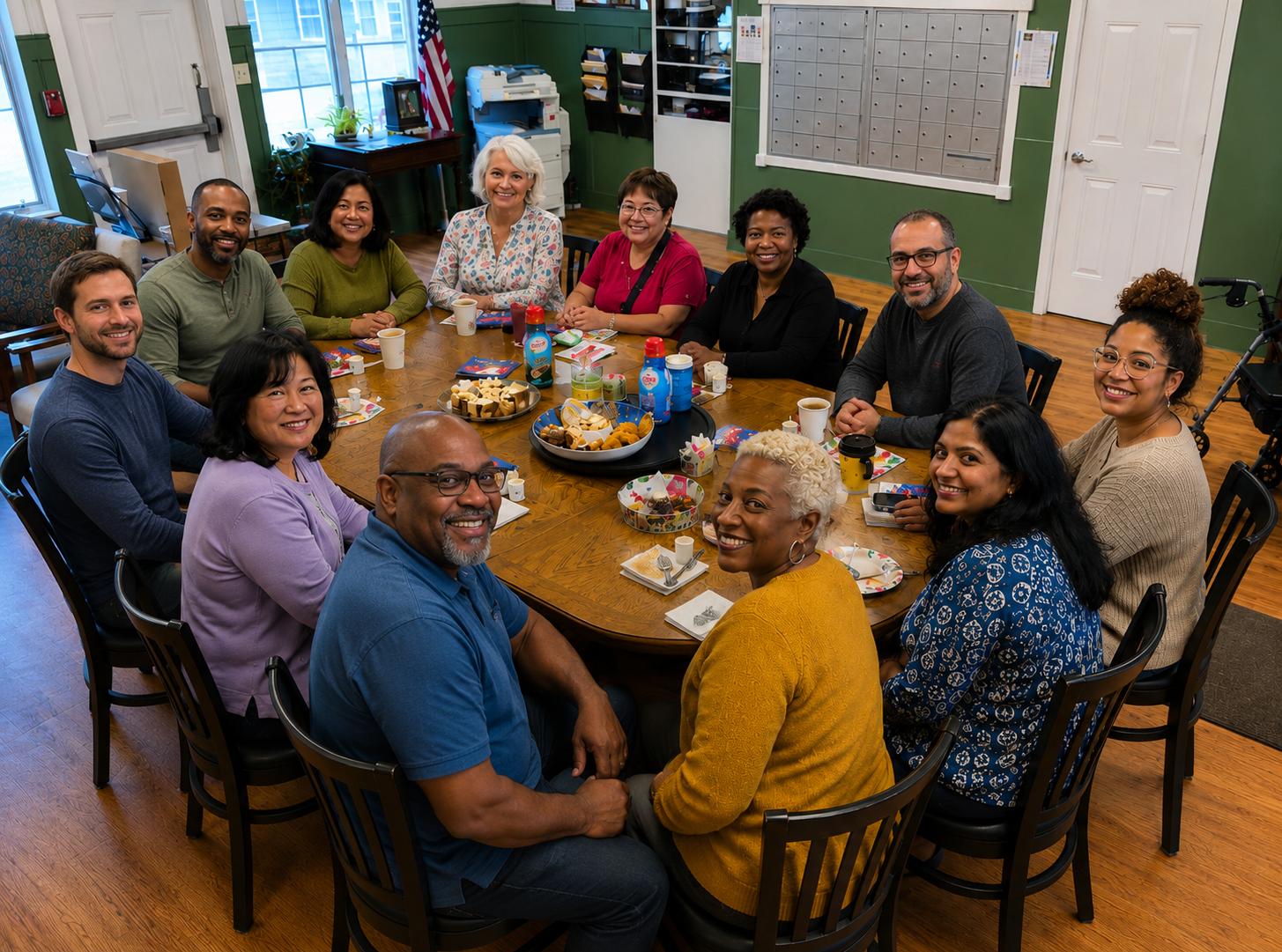 Residents and staff gathered around a table in the Cheshire Housing Authority community room